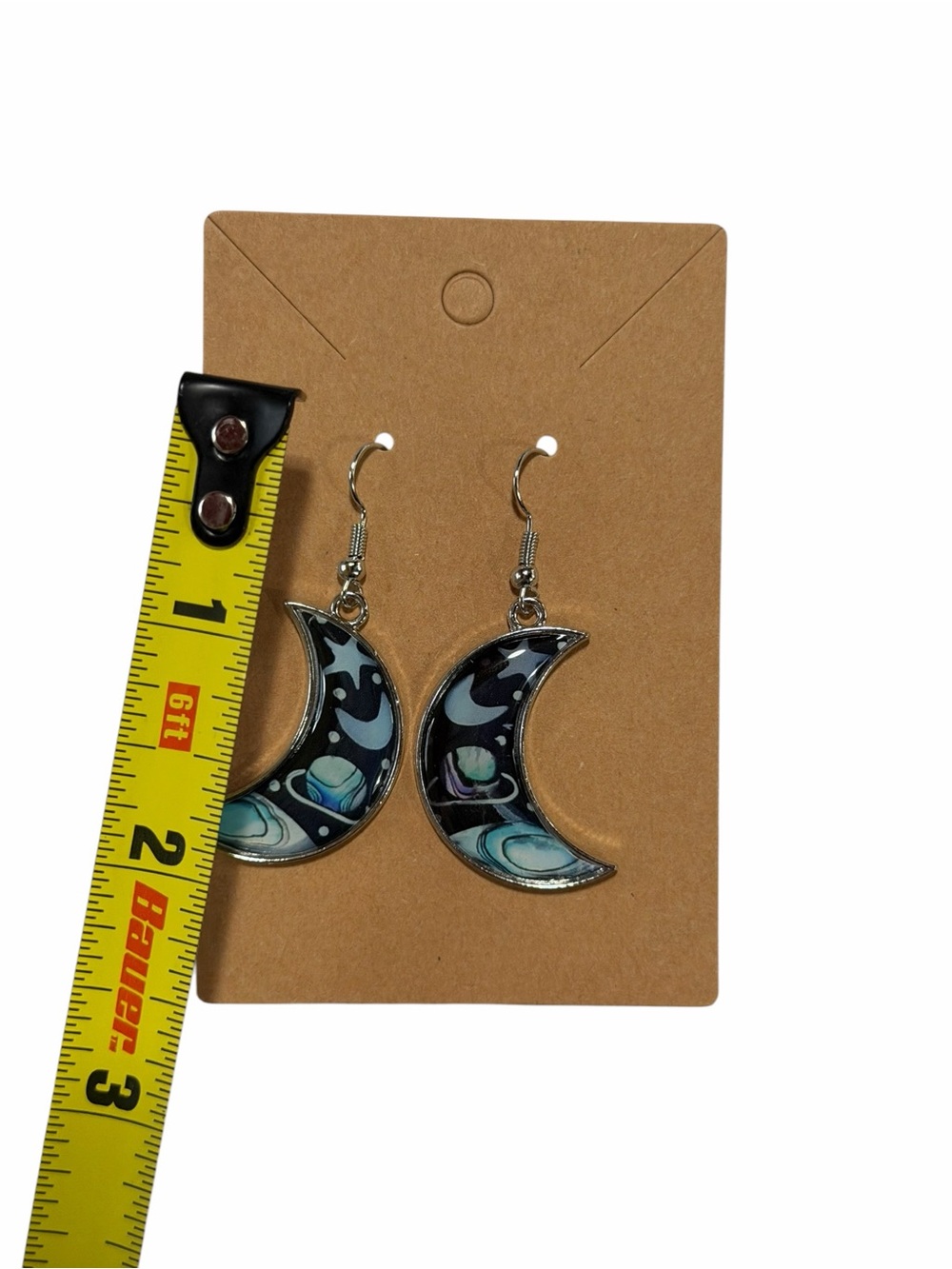 Silver Crescent Moon Dangle Earrings with Blue Marble Inlay - Unbranded - Picture 2 of 2